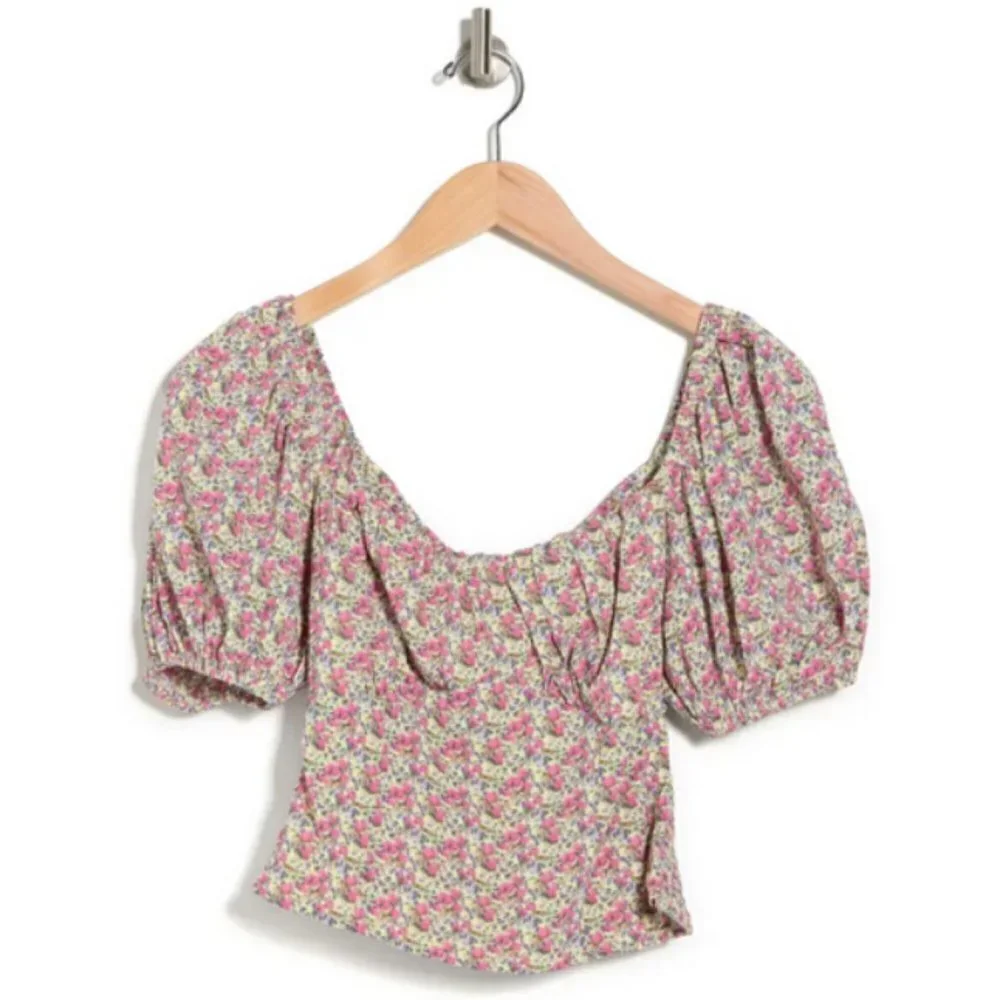 💕ASTR💕 Tie Back Bubble Sleeve Top ~ Yellow Multi Ditsy Large L NWT
